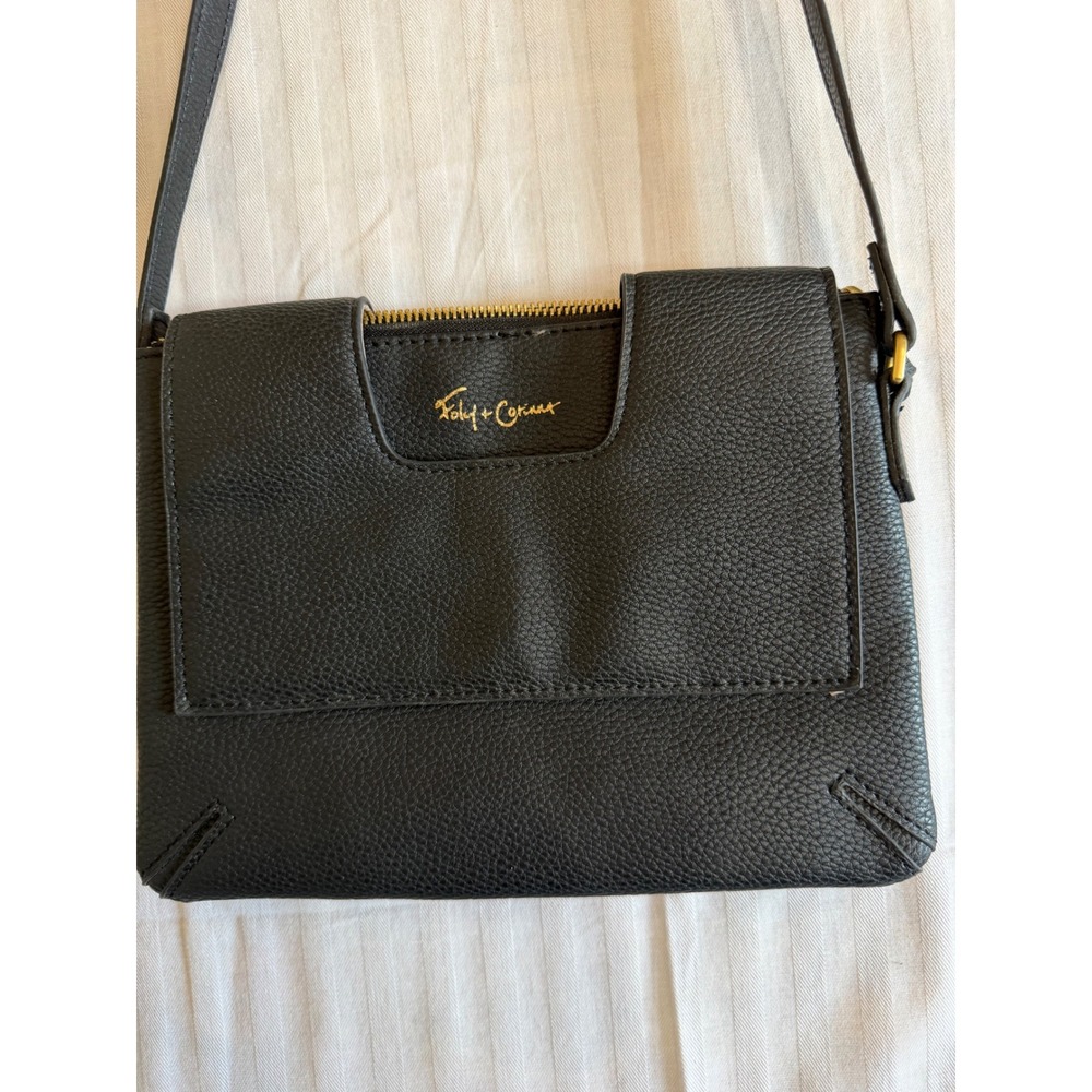 Foley + Corinna Black Pebbled Vegan Leather Crossbody Clutch Bag Gold Hardware